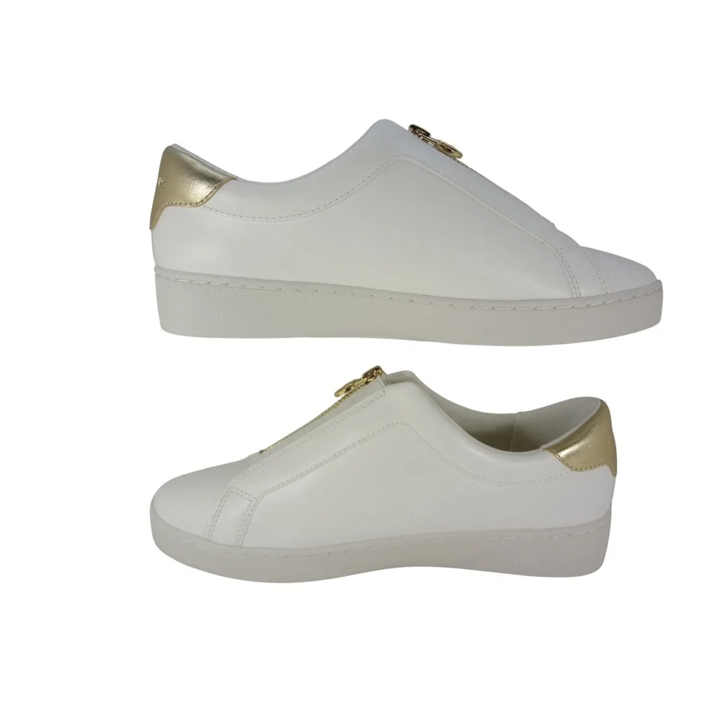 Michael Kors Sneaker Womens 9 White Excellent Front Zip Gold Logo FT25F Slip On